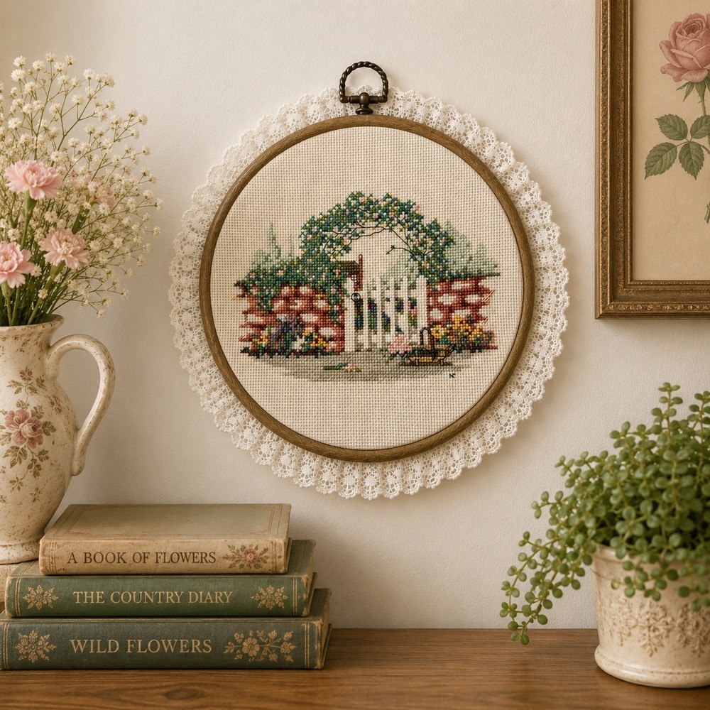 Vintage Cross Stitch Garden Gate Wall Hanging Lace Trim Wood Hoop Frame 8.5"